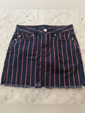 American Eagle High Rise Blue, Red, White Striped Denim Mini Skirt